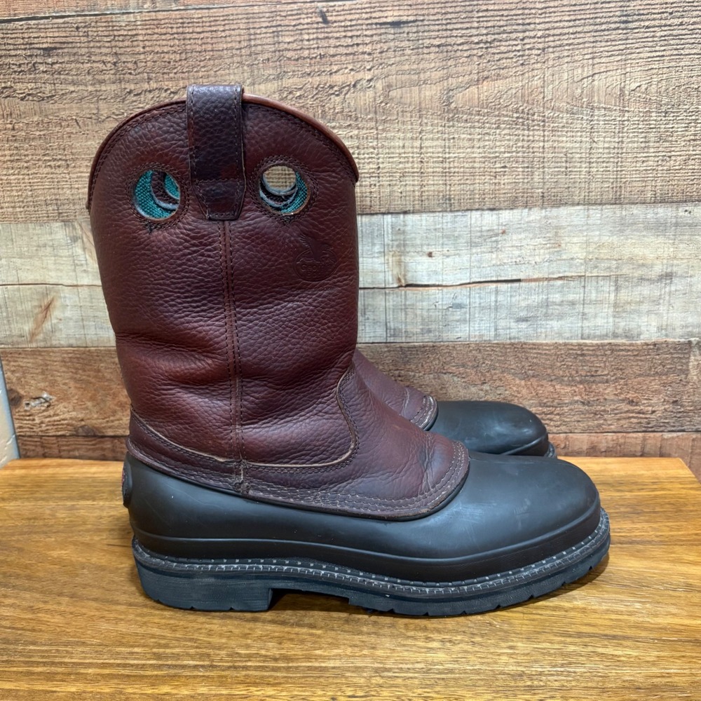 Georgia Boot Brown Leather Pull-On Work Boots with Black Rubber Sole